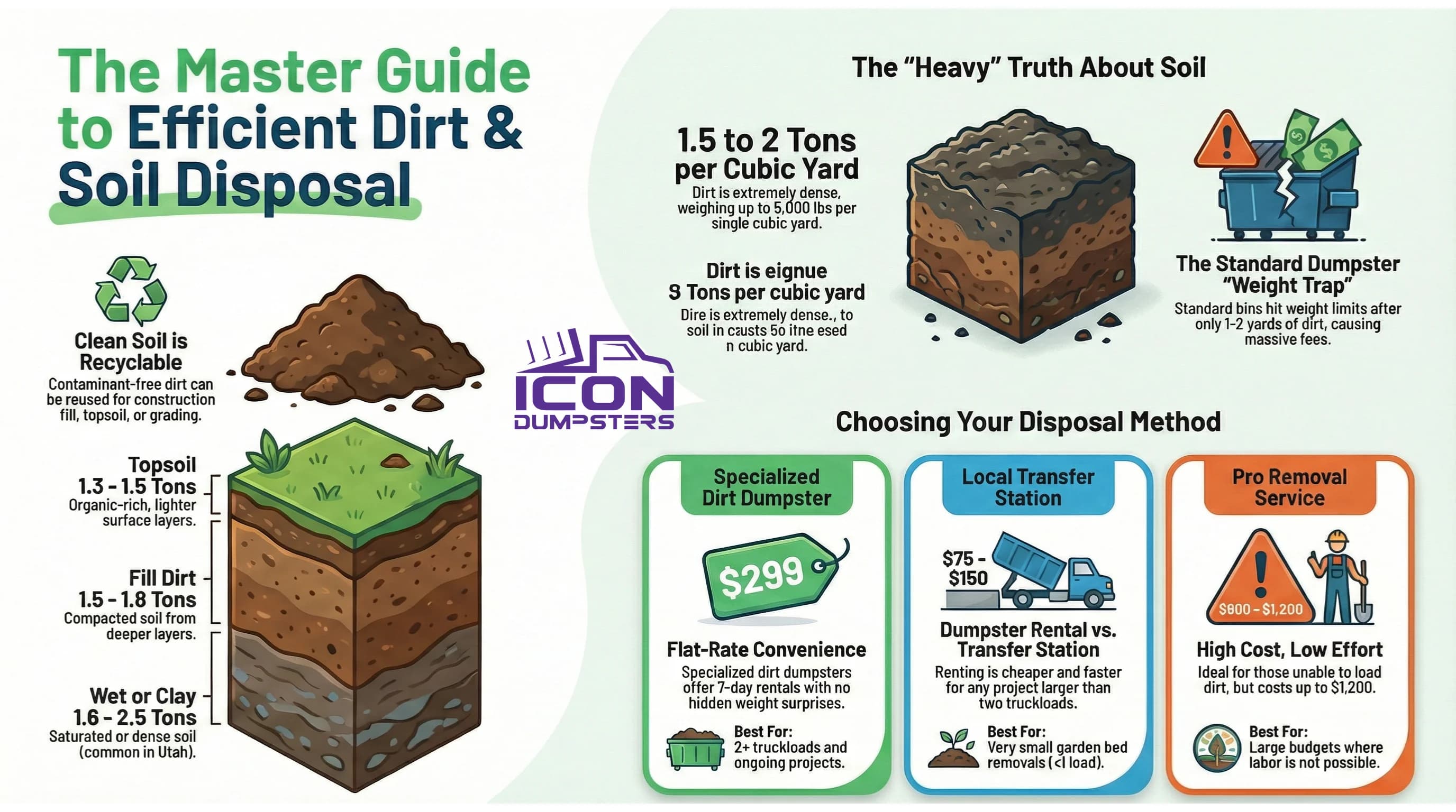 Soil and Dirt Removal Guide Infographic - Visual guide showing methods for disposing of dirt and soil, including dumpster rental, transfer stations, and recycling options